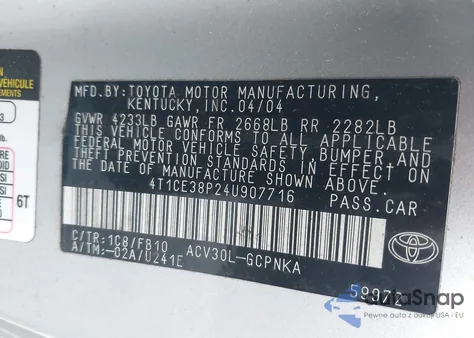 2004 Toyota Camry Solara Se из США, поврежденный, VIN 4T1CE38P24U907716